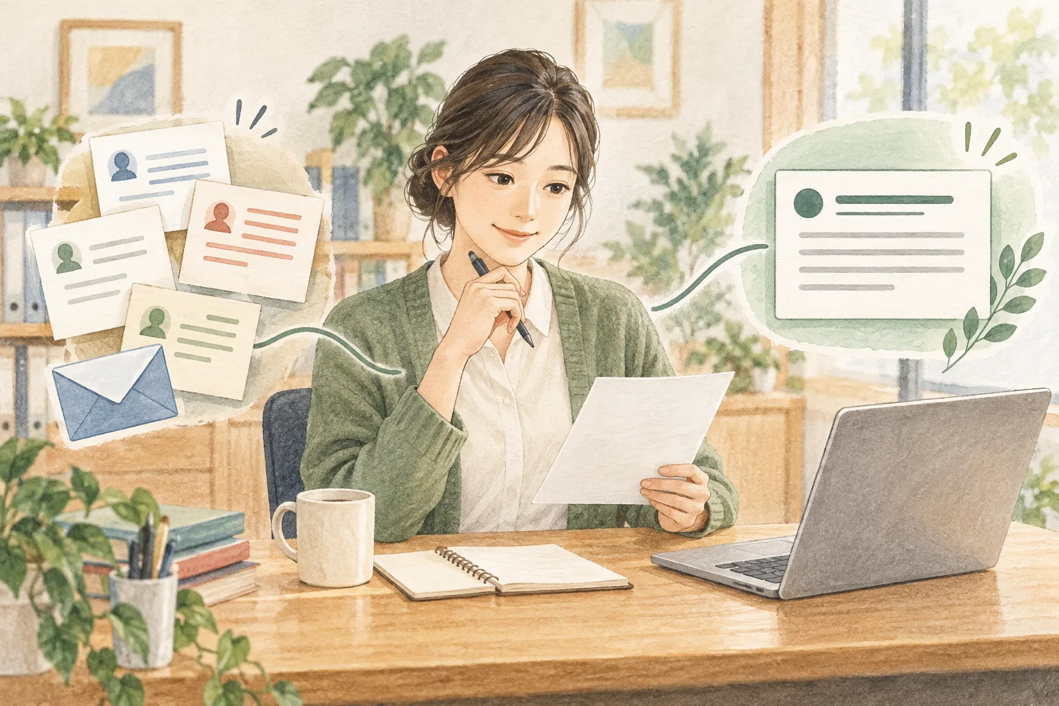 問い合わせ内容を確認し、AIが作った返信の下書きを人が見直すイラスト