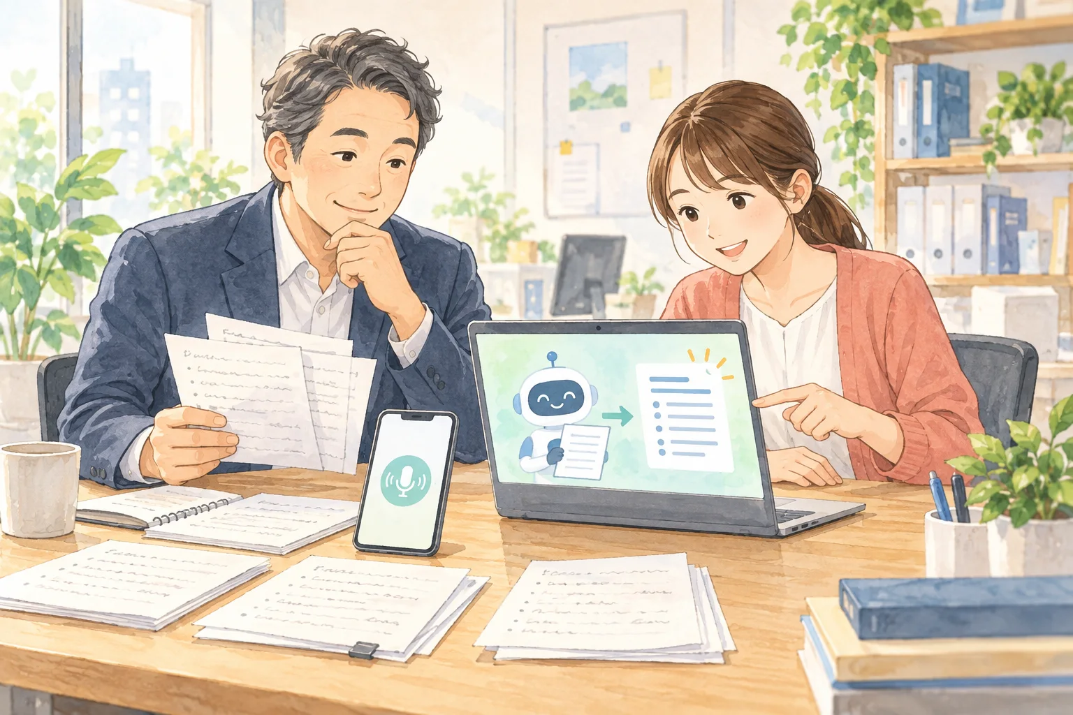 日報のメモとスマートフォンを見ながら、AIが整理した内容を二人で確認する様子