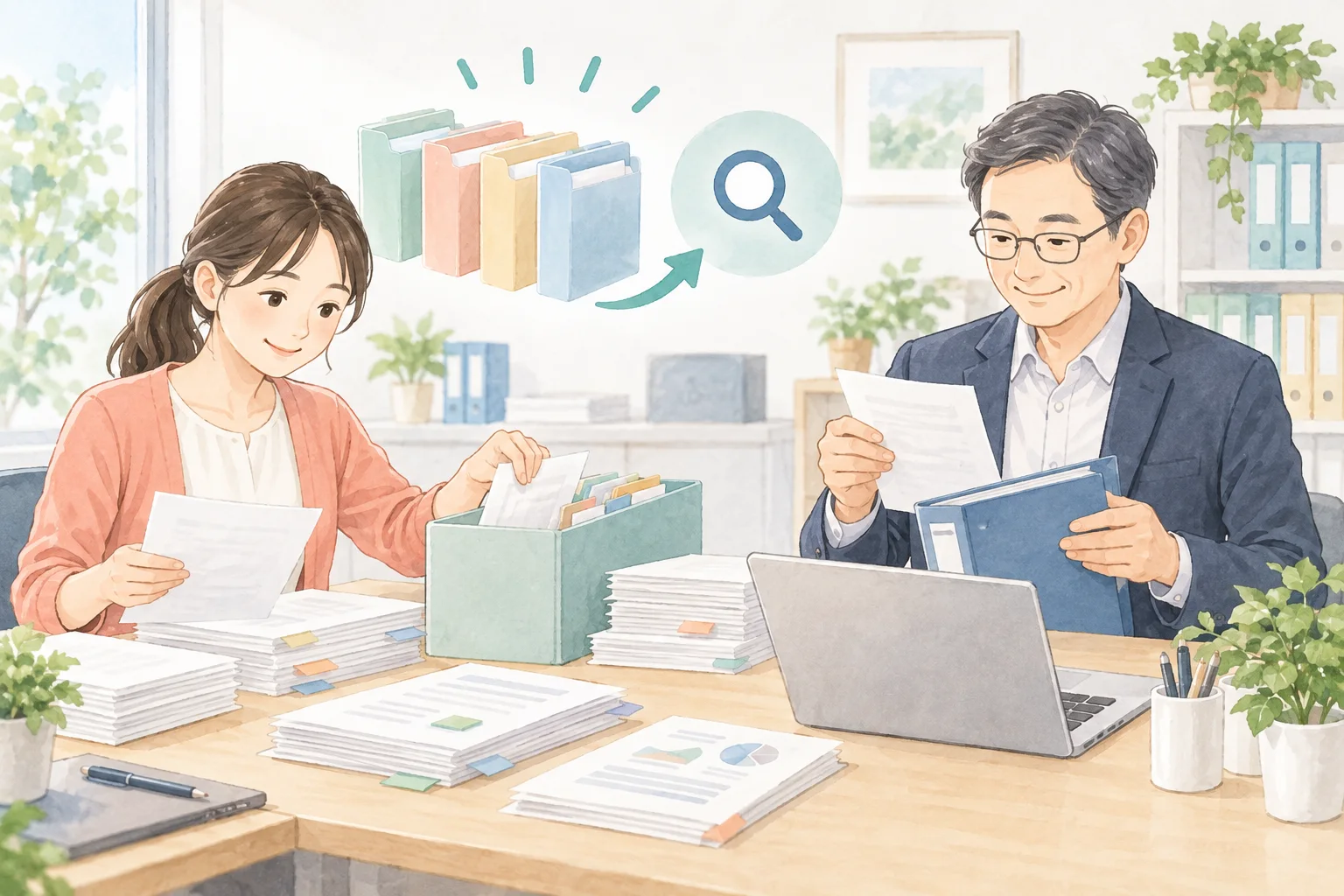 書類とファイルを整理し、必要な情報を探しやすくする二人の様子