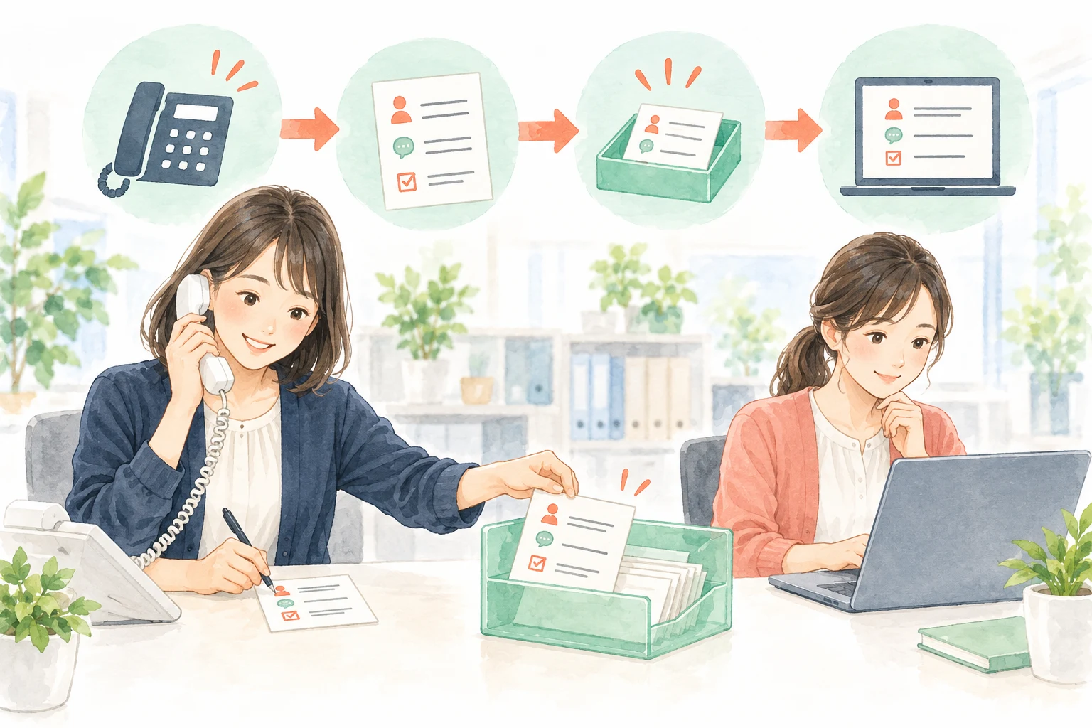 電話を受けた担当者が伝言メモを共有の対応トレーへ移し、別の担当者がパソコンで次の対応を確認している様子