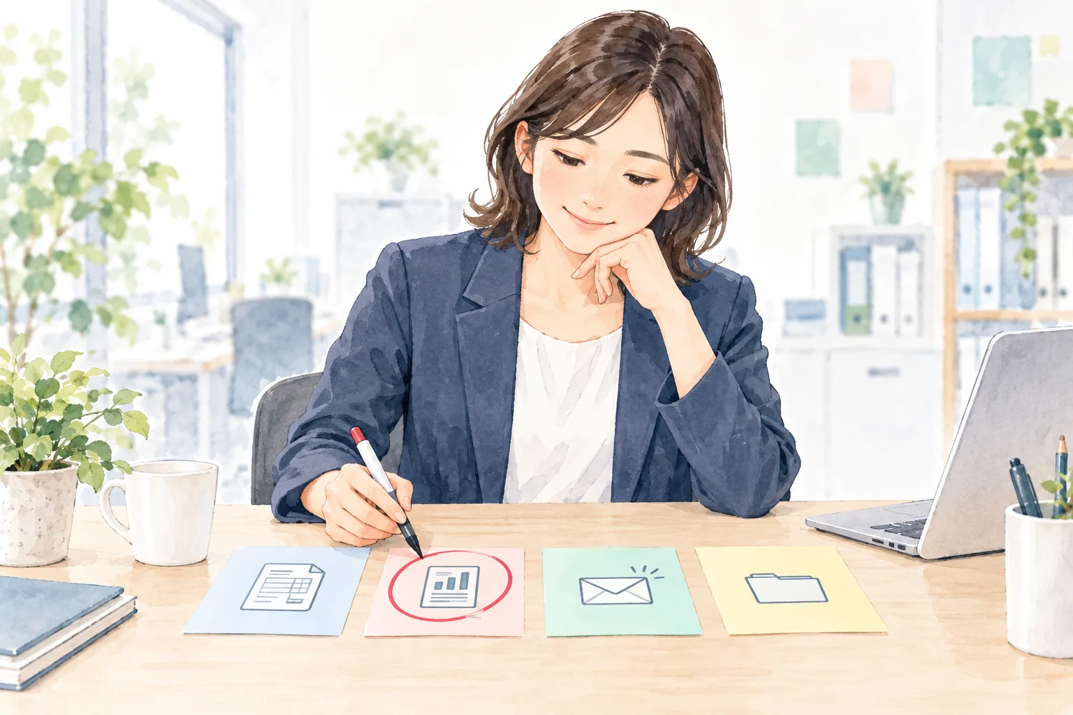 付箋に書かれた複数の業務候補から、担当者が1つを選んで丸をつけている様子