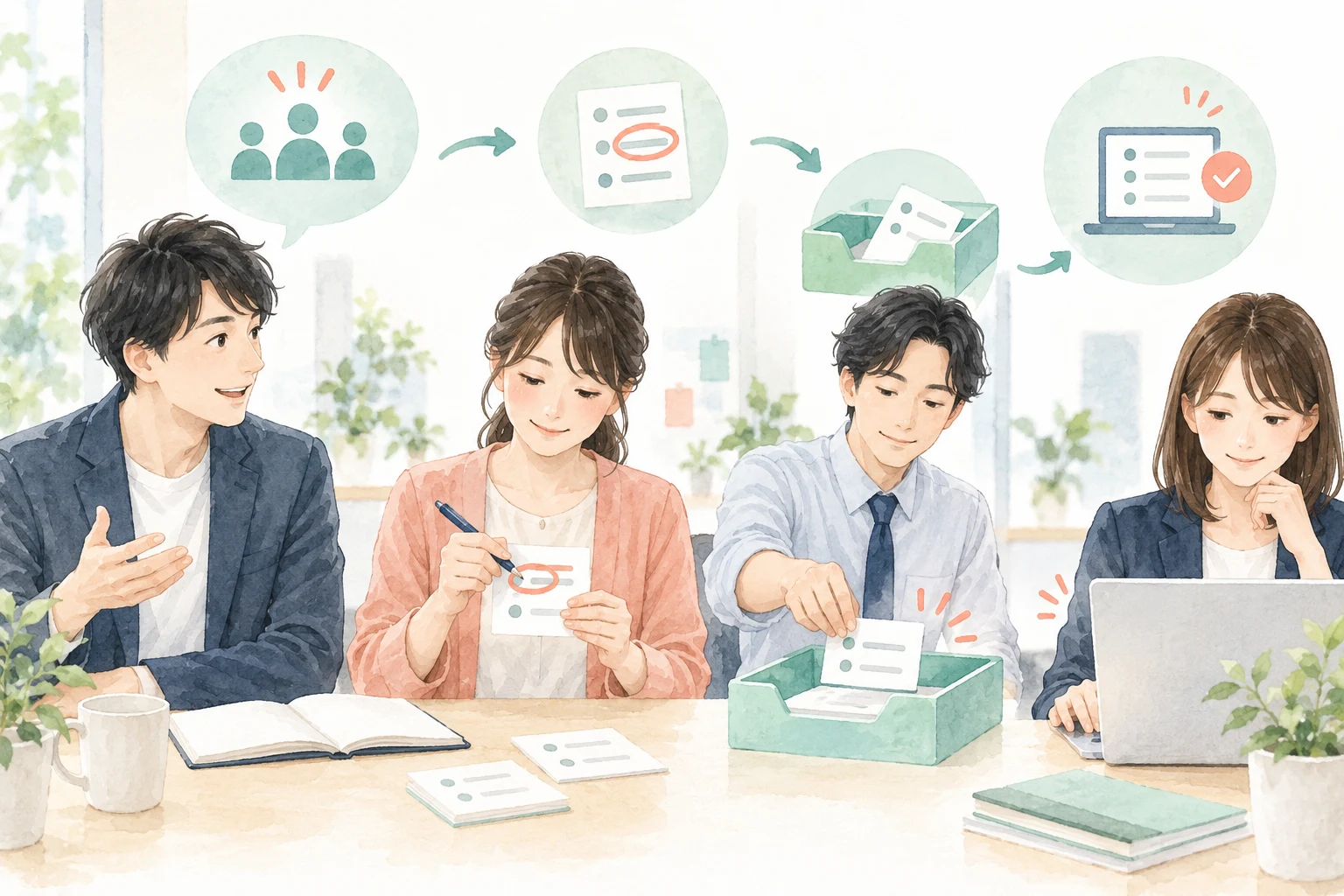 会議で話した内容をメモに整理し、担当者が共有の対応トレーとパソコンで次の仕事を確認している様子