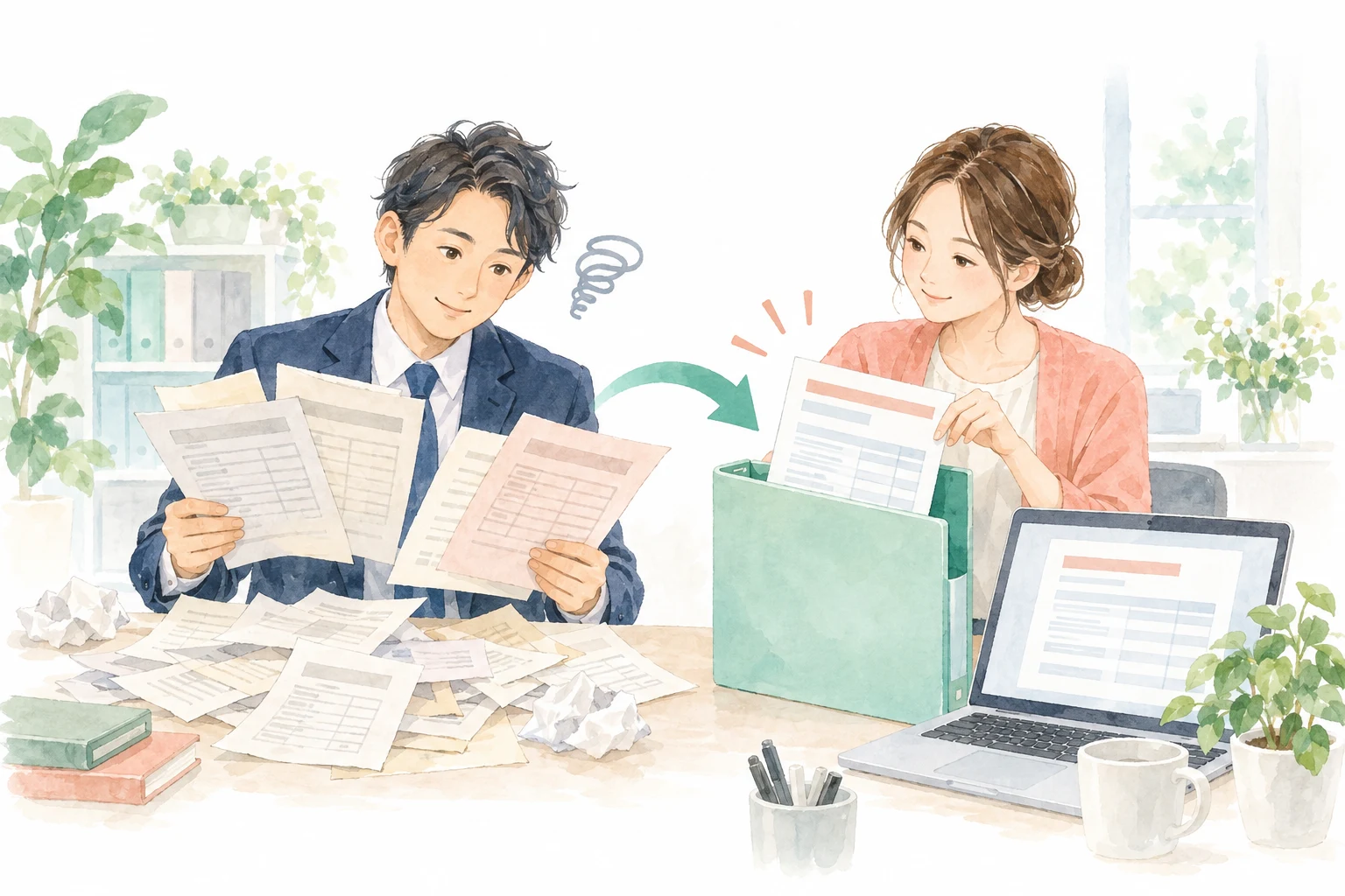 複数の古い単価表を見比べ、共有のミント色フォルダに最新版をまとめている二人の様子