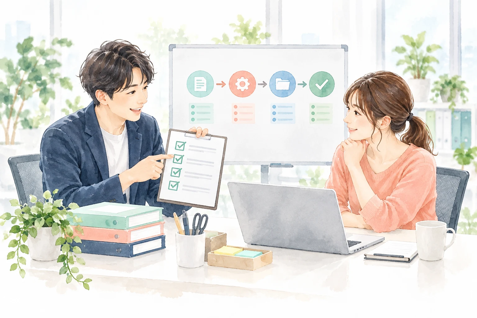定型作業のチェック項目と共有の流れを、担当者が次の担当者へ説明している様子