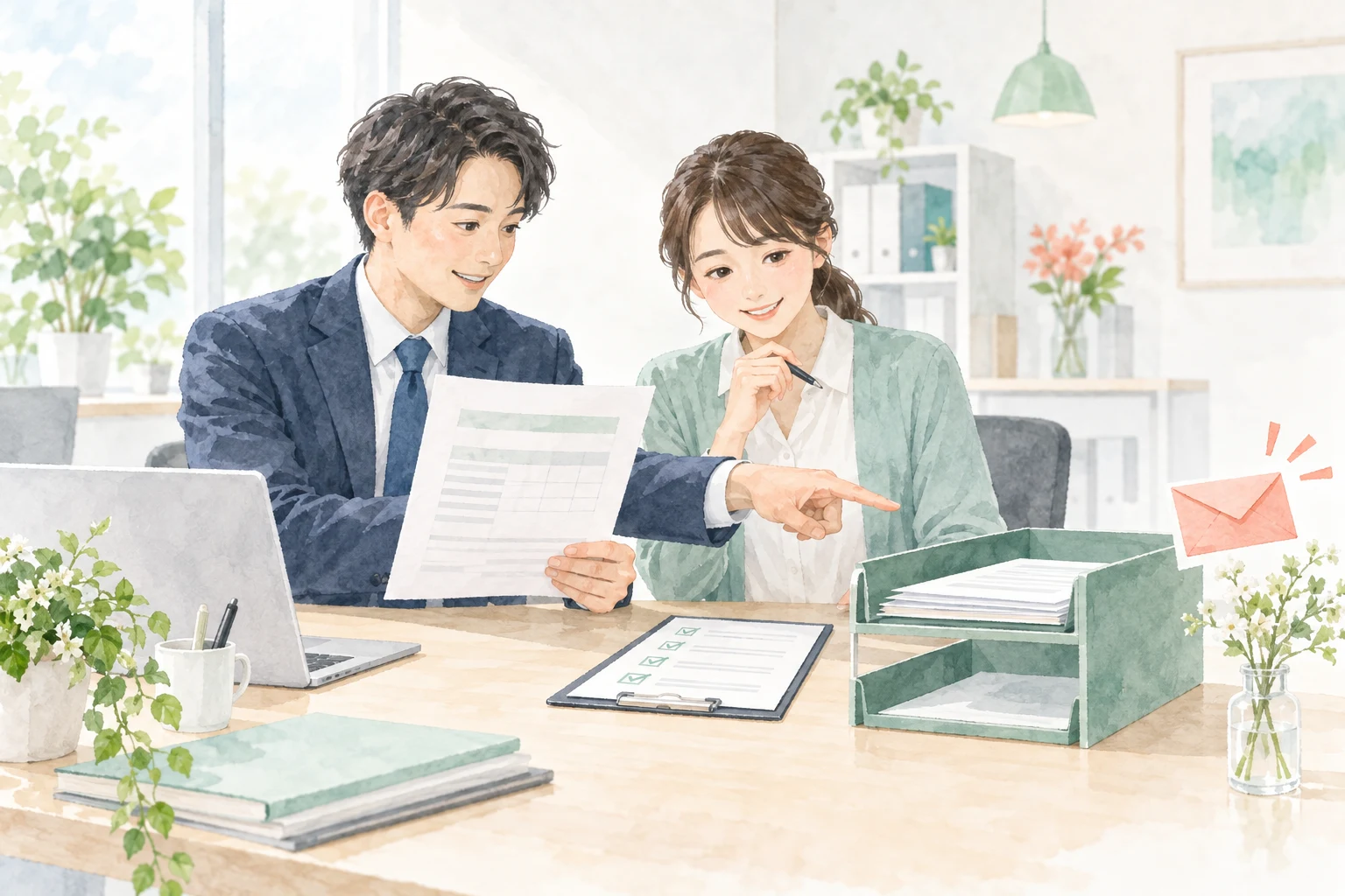 見積書を送る前に、二人の担当者が共有のチェック項目を確認している水彩調のイラスト