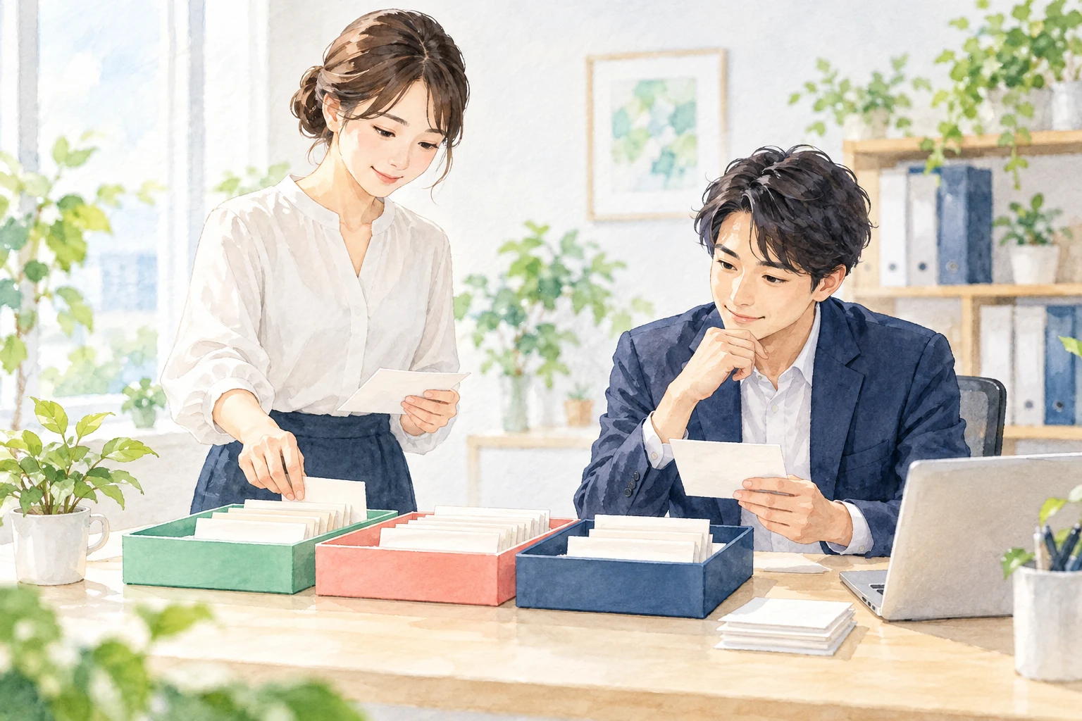 二人の担当者が、問い合わせの内容を共有のトレーに分けて確認している水彩調のイラスト