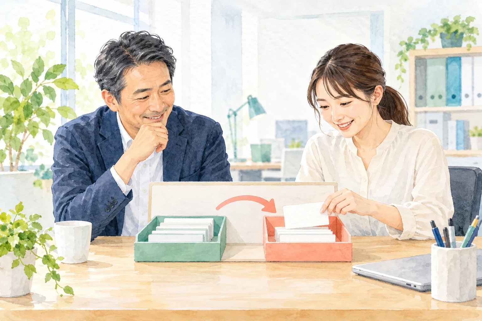 二人の担当者が、社内の依頼カードを共有のトレーで完了へ移し、次の確認をしている水彩調のイラスト