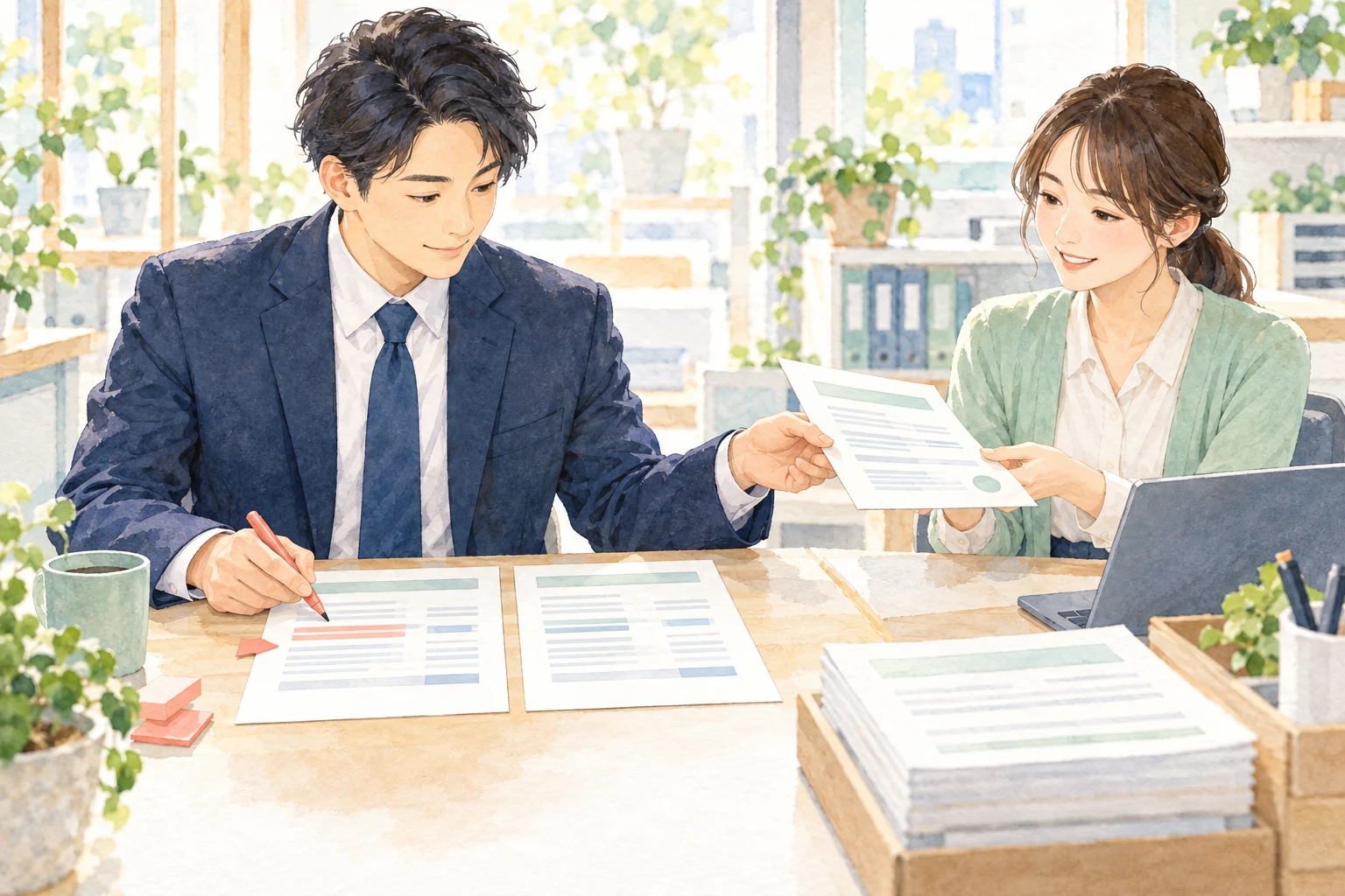 担当者が変更前後の見積書を見比べ、確認した内容を請求担当へ渡す水彩調のイラスト