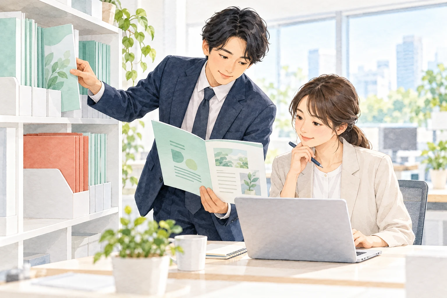 共有の棚から案内資料を取り出し、担当者同士で内容を確認して返信を準備する水彩調のイラスト