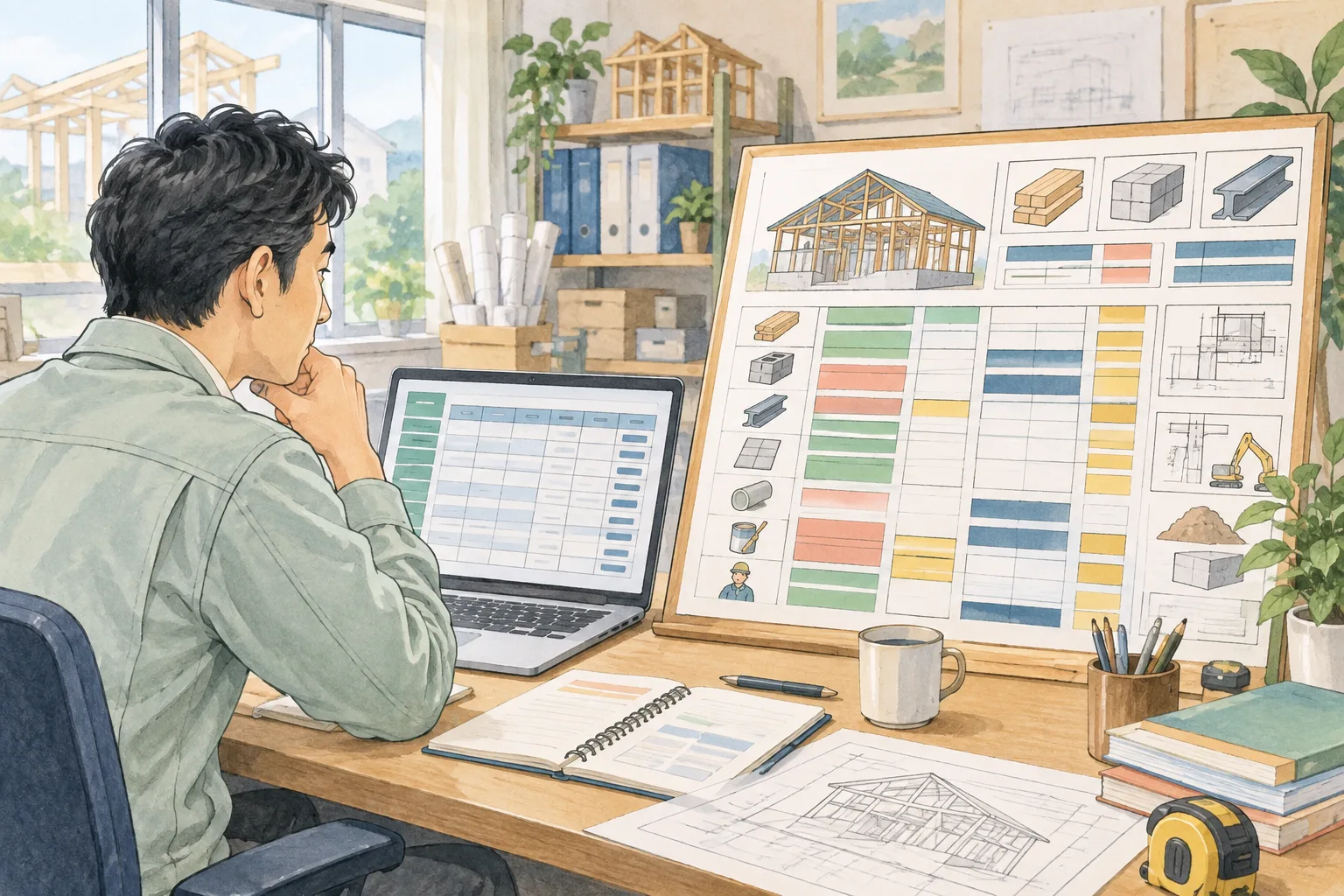 建設の見積もりに必要な材料や工程を、専用の一覧とパソコンで確認する担当者