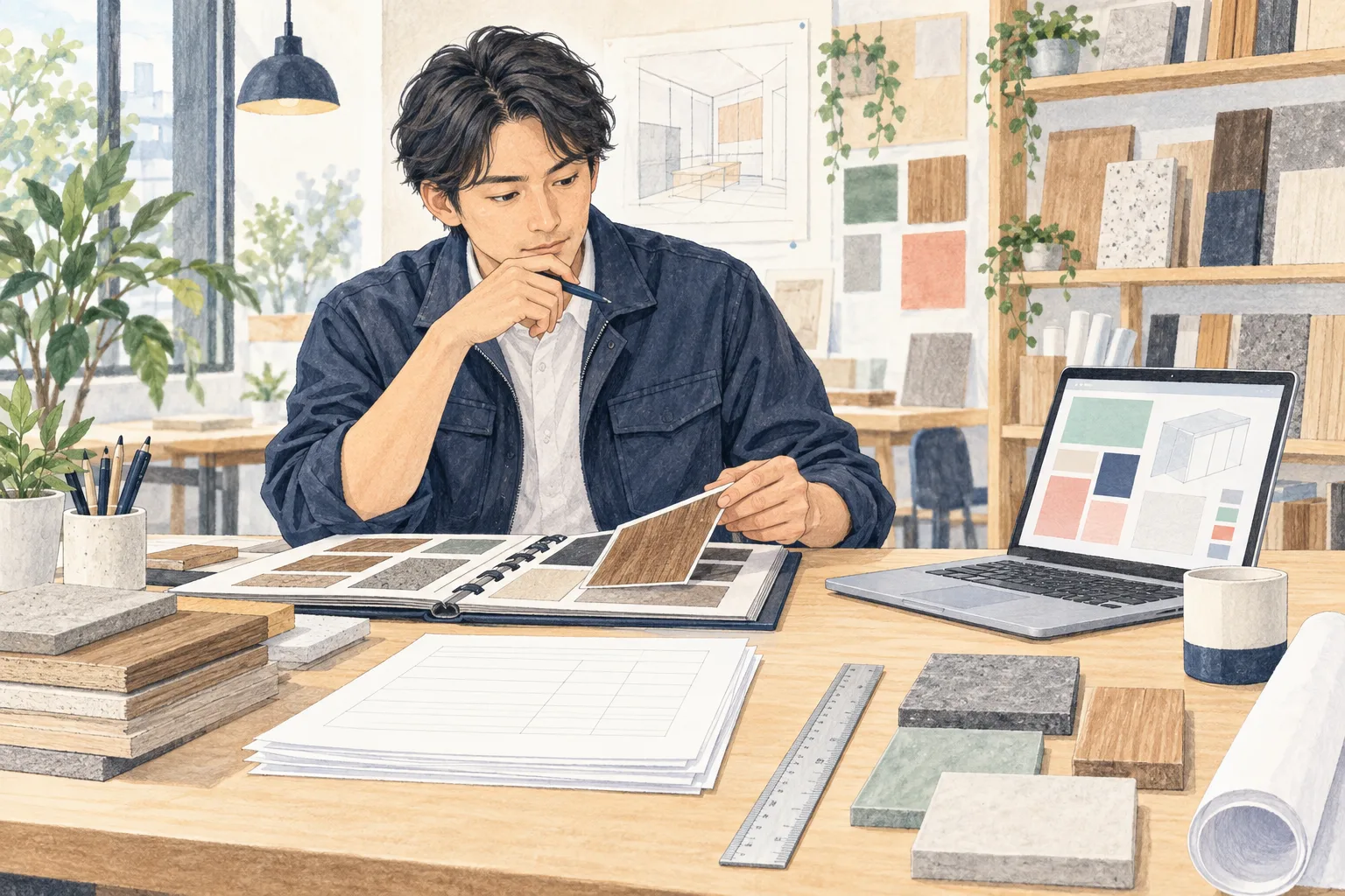 内装工事に使う素材の見本と図面を見ながら、積算を考える担当者