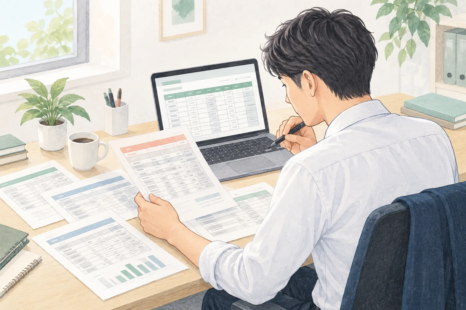 複数の見積書を確認しながら、パソコンで表を見比べる事務担当者