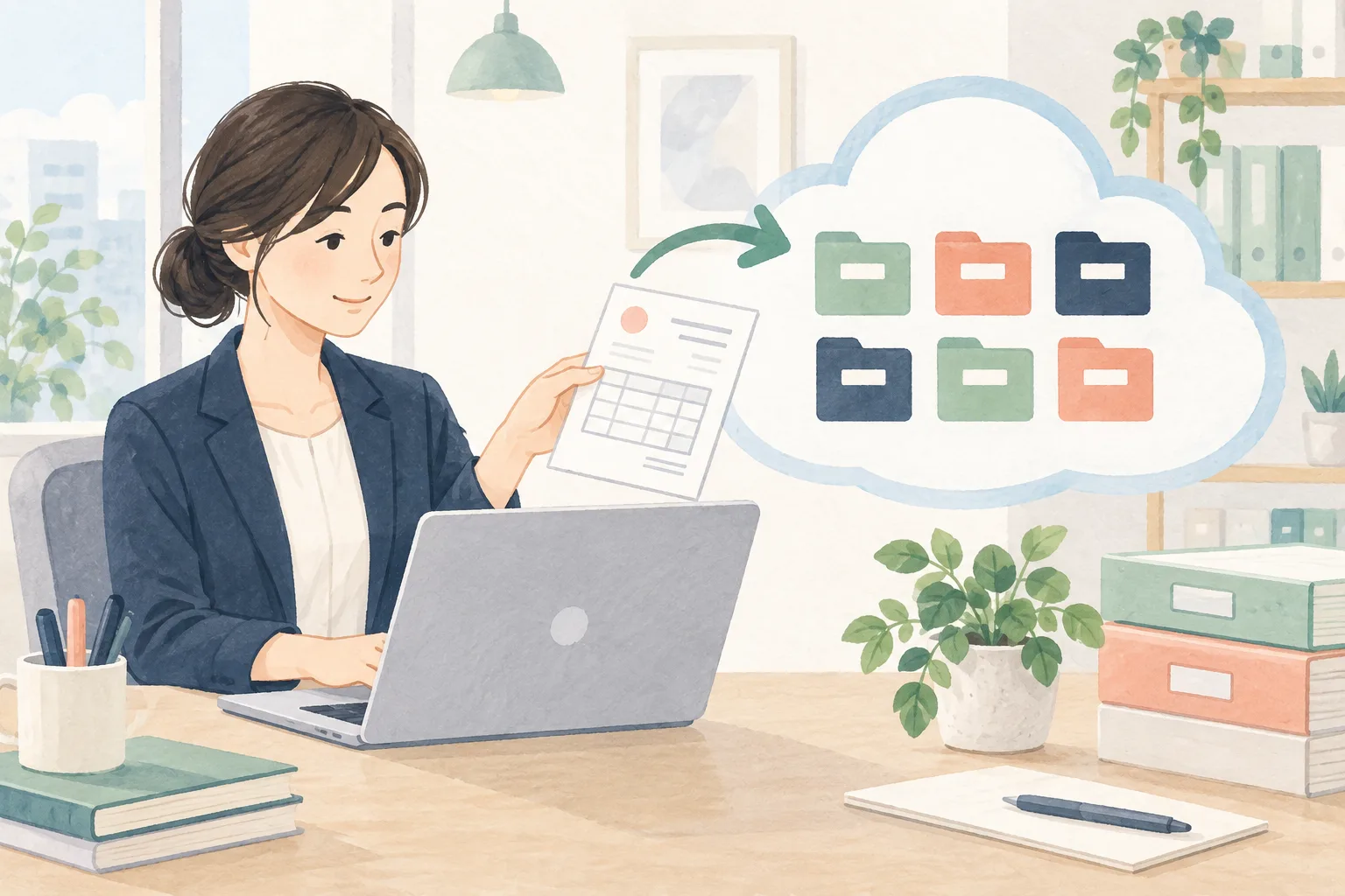 請求書の控えを整理された保存先へ移す担当者