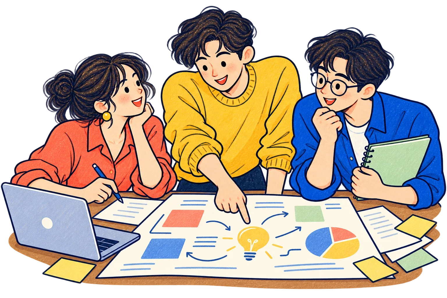 一枚の計画を囲み、目的と進め方を話し合う三人