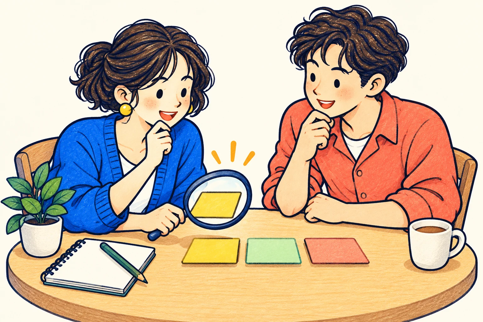 仕事を選ぶため、机を囲んで考える二人のイラスト