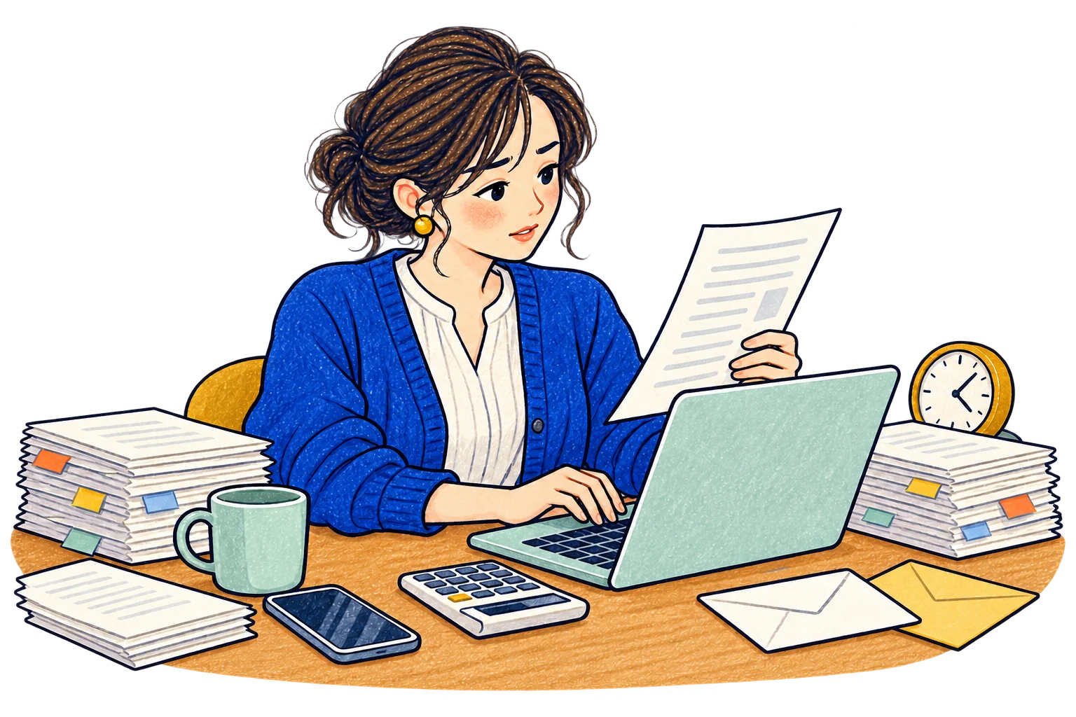 積み重なった書類を見ながら入力を続ける担当者。机には電卓や届いた連絡、時計が並んでいる。
