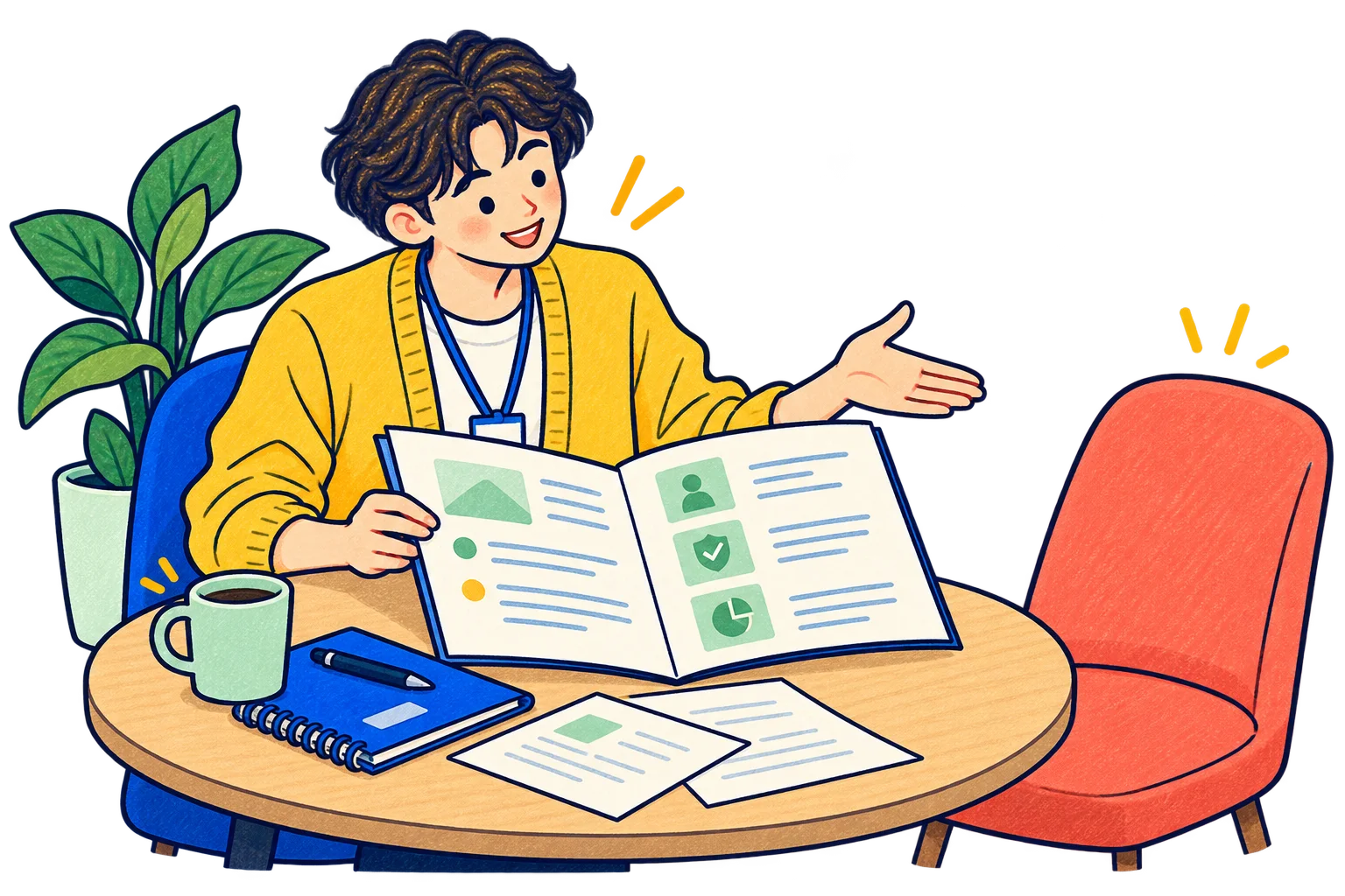 案内資料を開き、相談者を迎える担当者