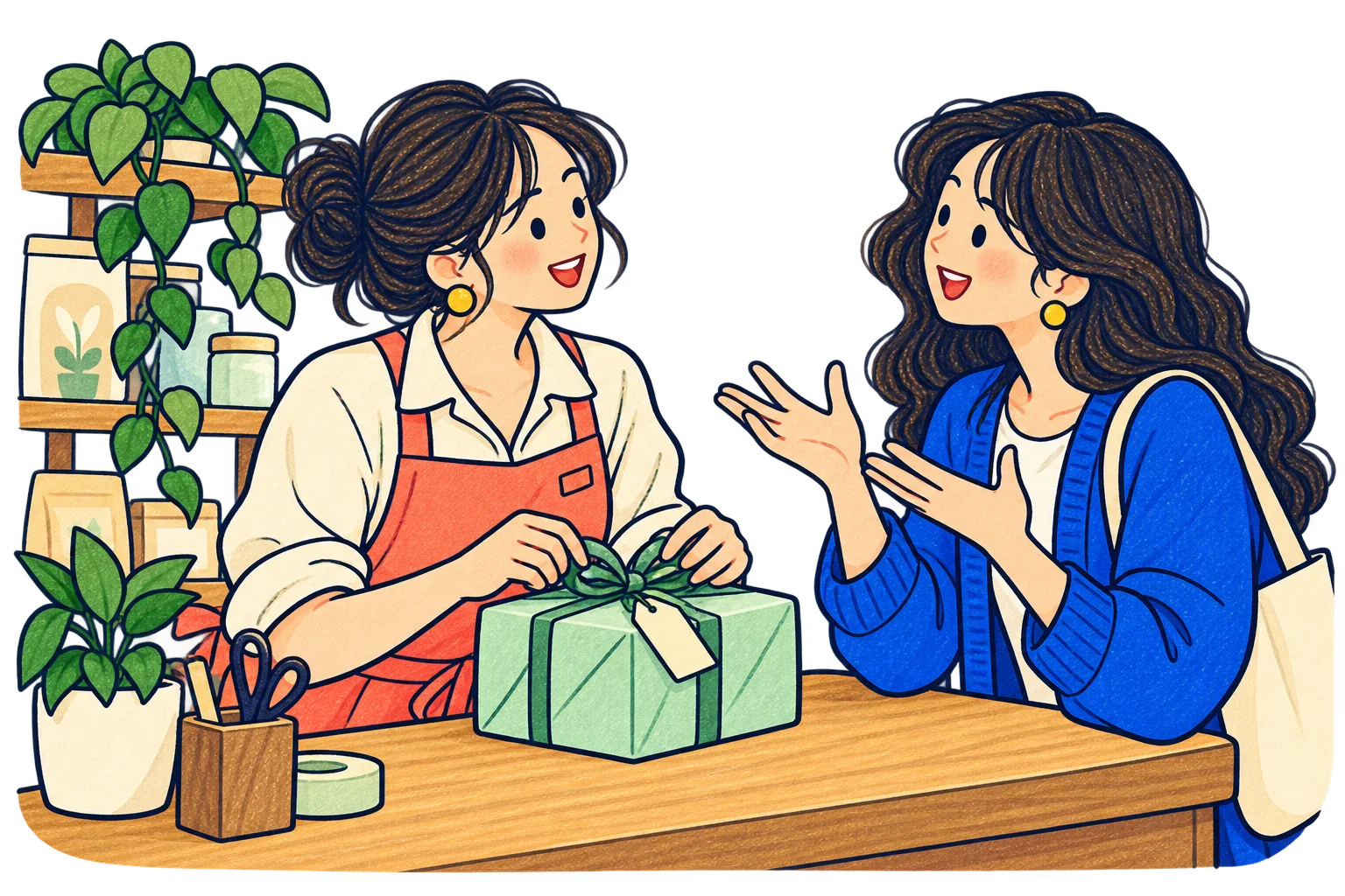 店頭でお客さんと話しながら、商品を包む担当者