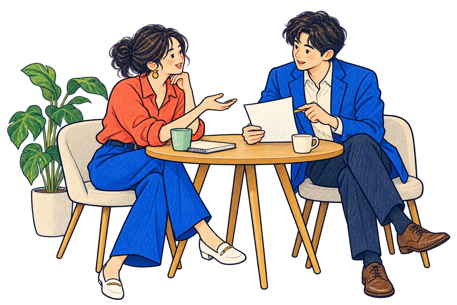 二人が向かい合い、話を聞きながら対応を考える様子