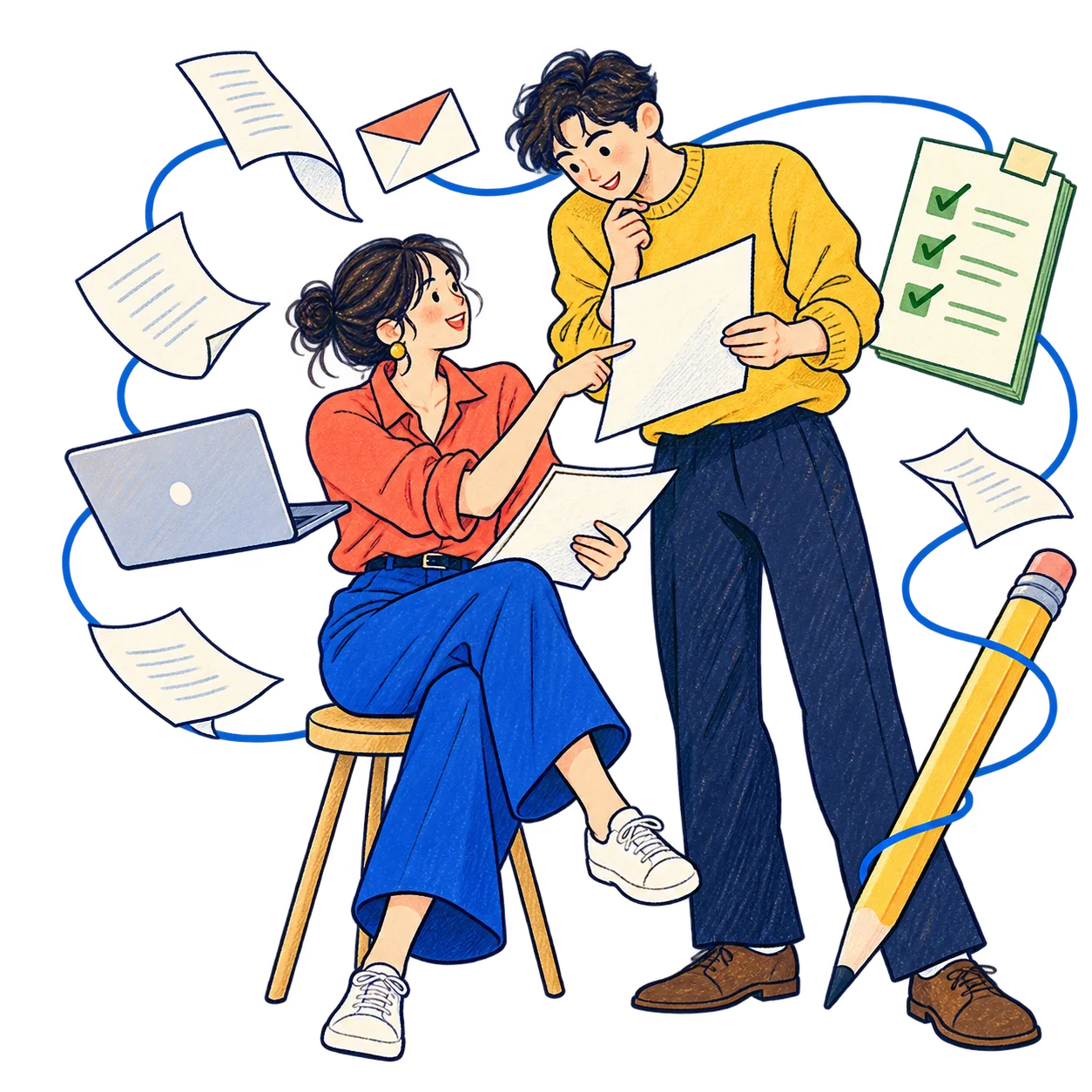 書類やパソコンを使いながら、一緒に仕事を整理する二人の手描き風イラスト